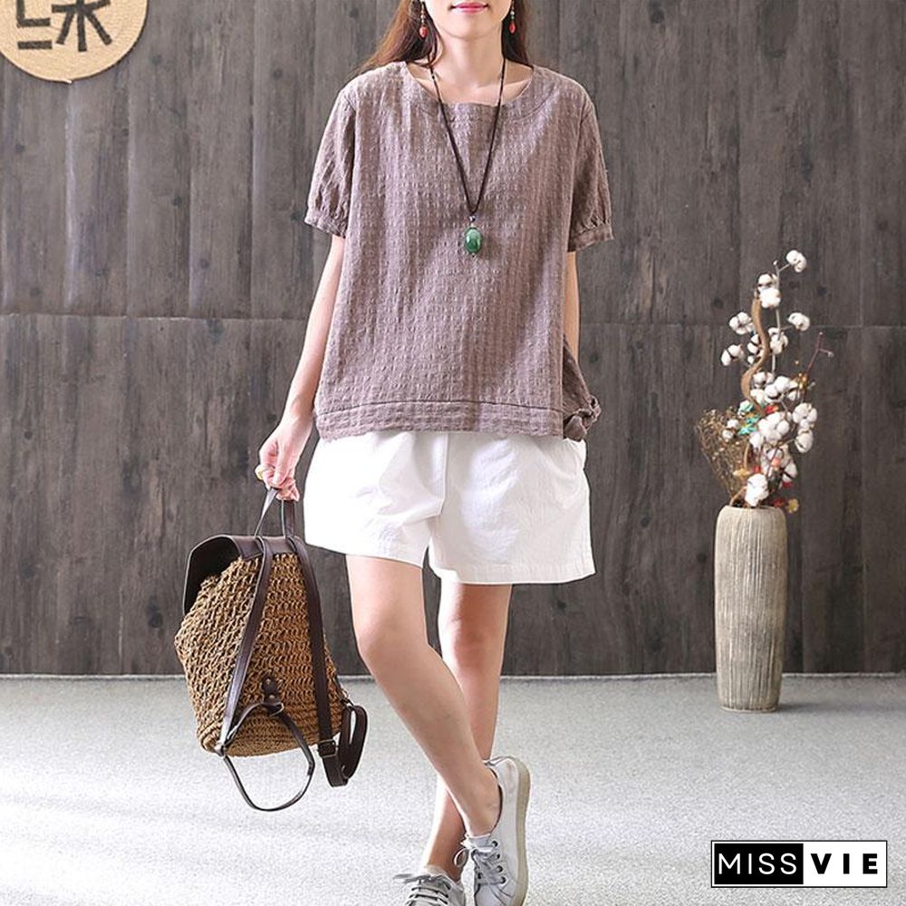 fashion cotton tops oversized Retro Lacing Cotton Linen Short Sleeve Pullover T Shirt