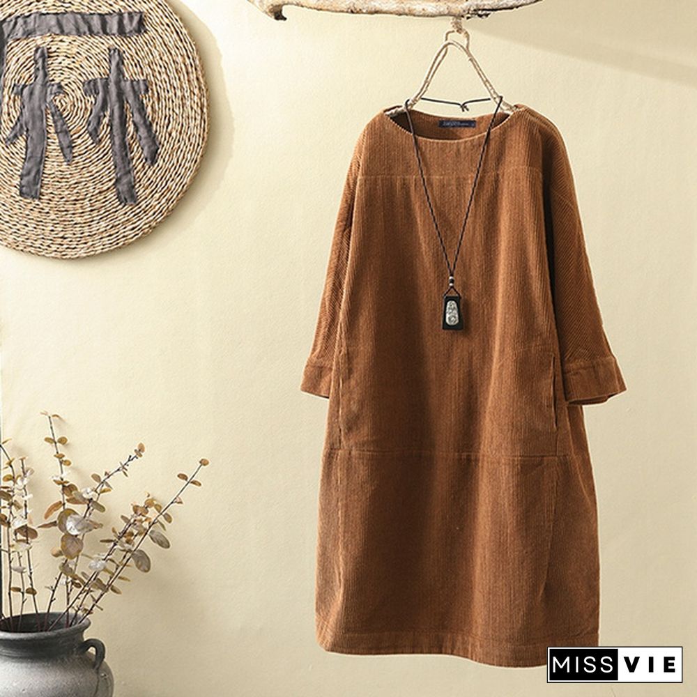 Womens Oversize Corduroy Crew Neck Long Sleeve Pure Color Casual Loose Pockets Long Shirt Dress Midi Dress Tunic Tops Plus Size