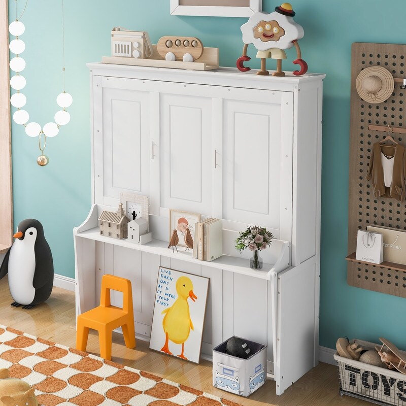 Modern Queen Size Murphy Bed Cabinet with a Shelf Desk