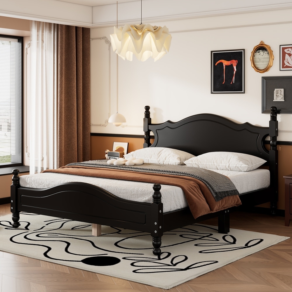 Queen Size Retro Platform Bed Frame with Headboard   Footboard  Black