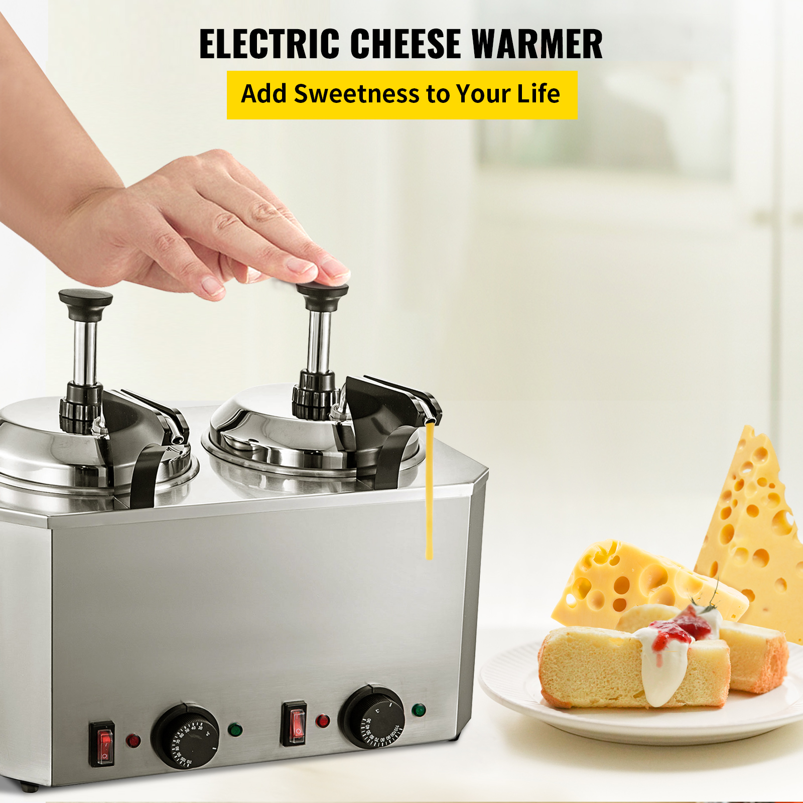 VEVOR 5.28Qt Nacho Cheese Dispenser w/Heated Pump Hot Fudge Caramel Warmer Stainless