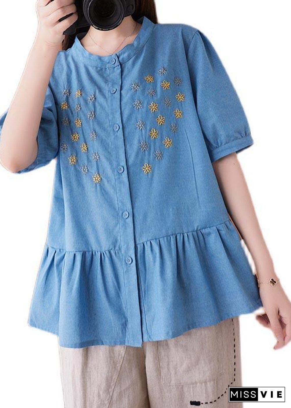 Women Blue Embroideried O-Neck Cotton Summer Shirts