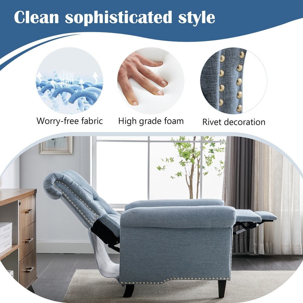 Pushback Linen Tufted Recliner Single Sofa with Nailheads Roll Arm  Adjustable Recliner for Living Room  Bedroom  Office  Blue