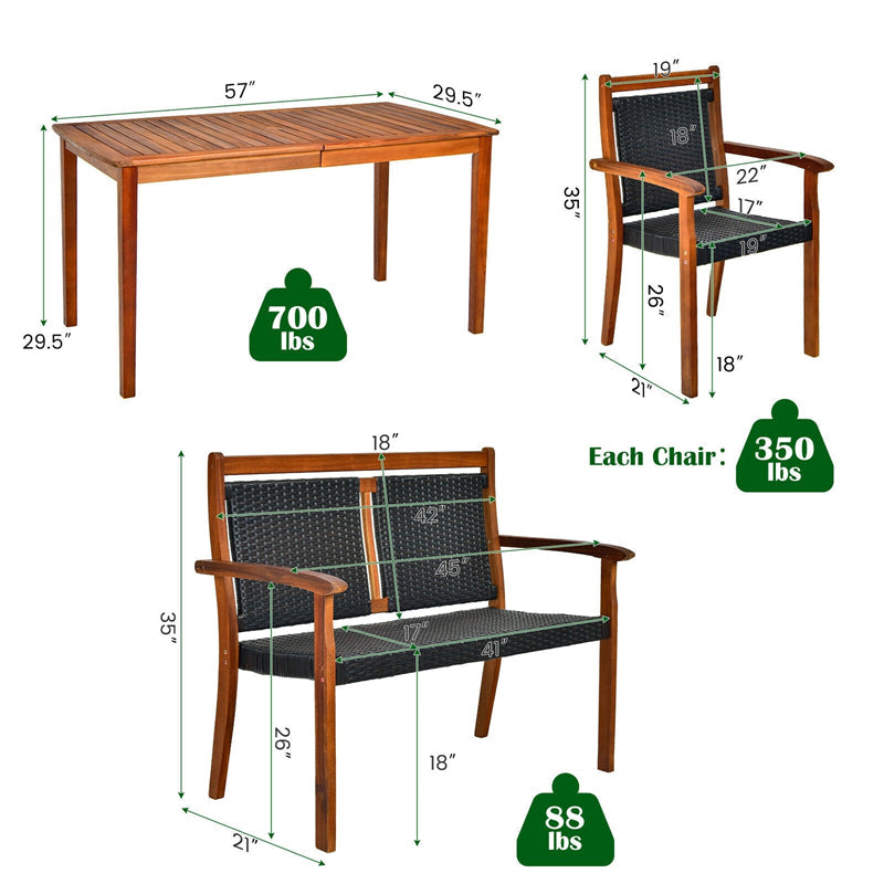 4 Pcs Rattan & Acacia Wood Outdoor Patio Dining Table Set with Loveseat & 2 Armchairs, Umbrella Hole