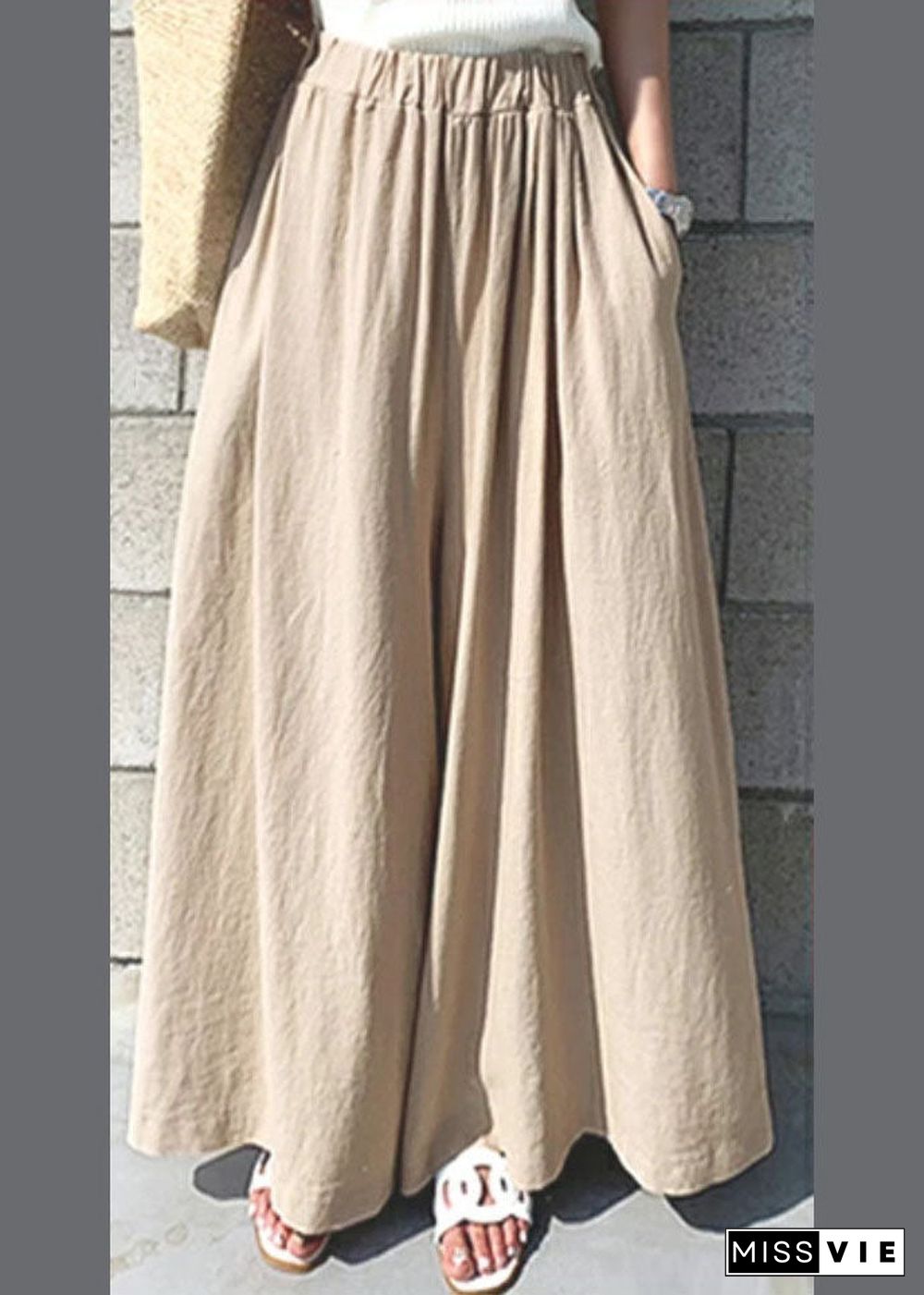 Women Khaki Elastic Waist Solid Color Cotton Wide Leg Pants Summer