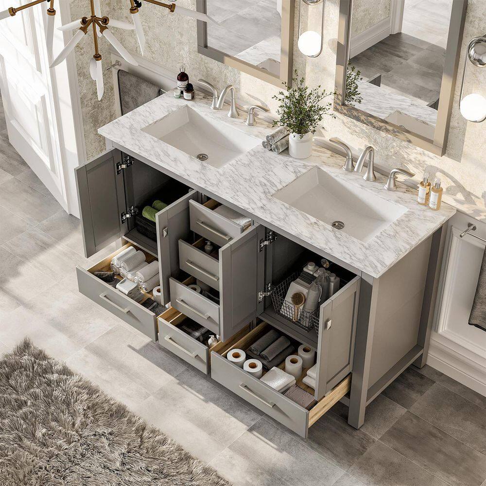 Eviva Aberdeen 60 in. W x 22 in. D x 35 in. H Double Bath Vanity in Gray with White Carrara Marble Top with White Sinks EVVN412-60GR