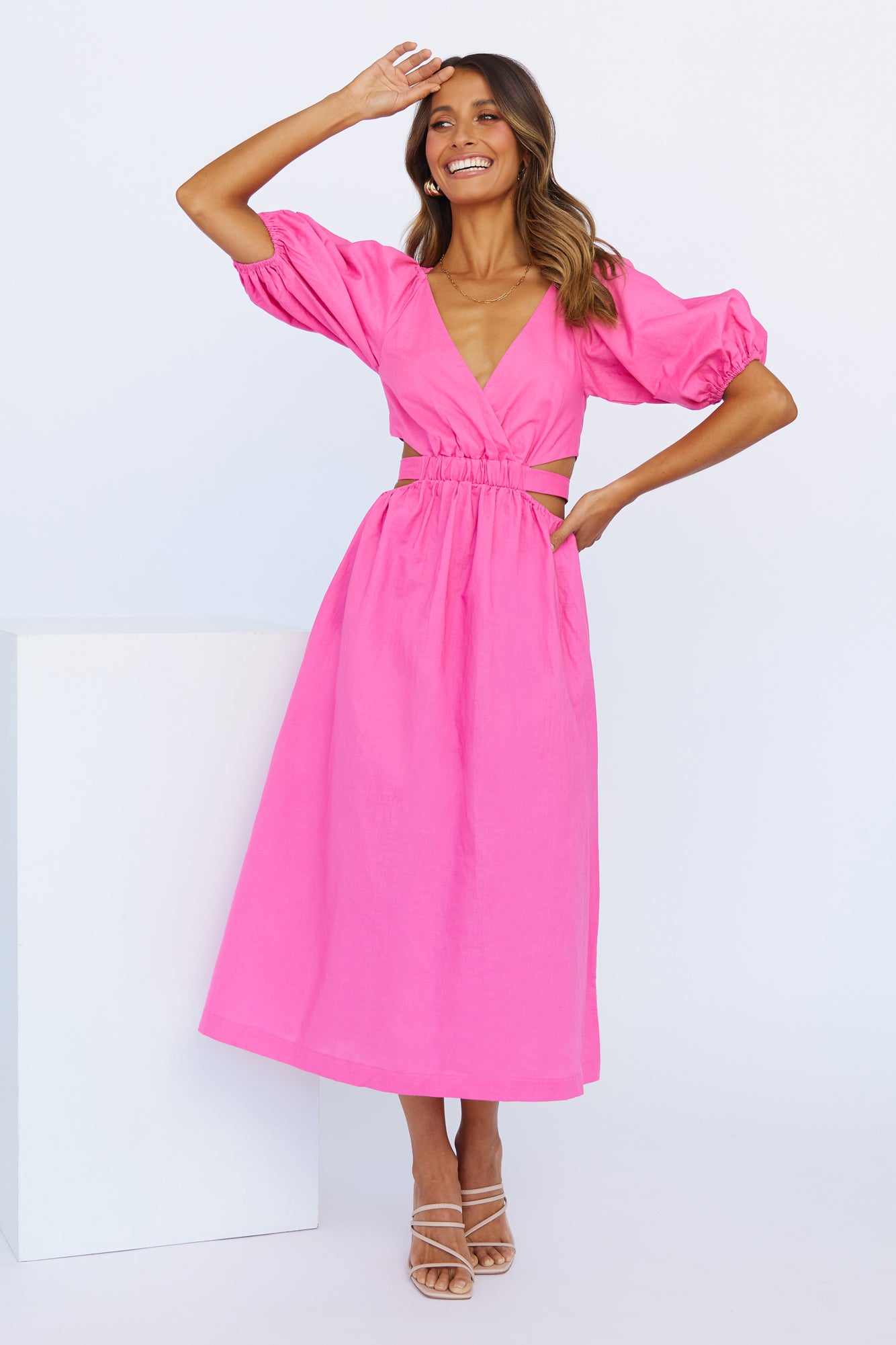 Not A Second Midi Dress Hot Pink