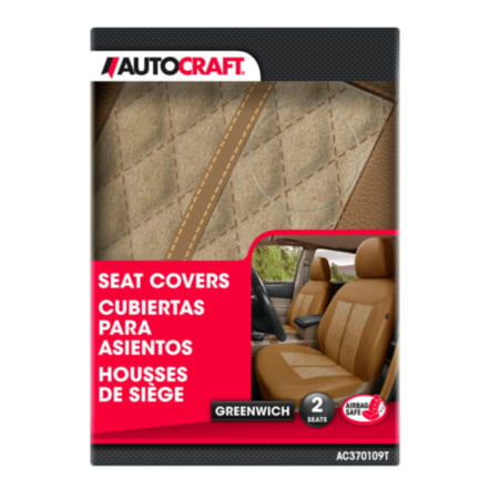 Autocraft Car and SUV Seat Cover， Tan Faux Leather and Suede， Classic， Universal， 2PK， Warm， Quilting