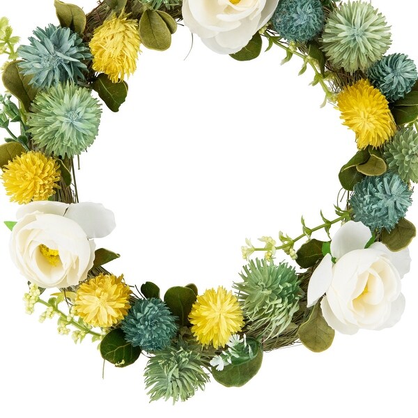 9 Cream Rose，Green and Yellow Thistle Hanging Spring Wreath