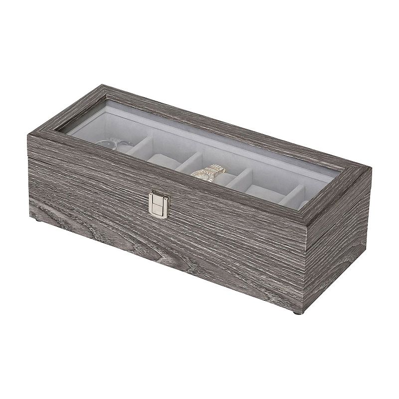 Mele and Co. Nolan Wooden Glass Top Watch Storage Box in Gray Woodgrain Finish