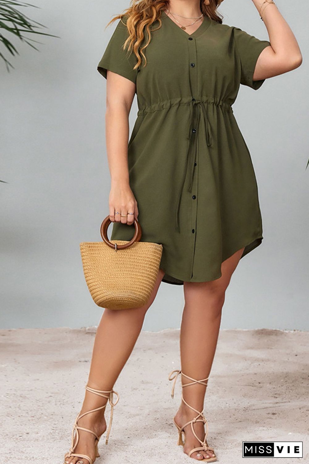 Plus Size Drawstring Elastic Waist Irregular Hem Dress Wholesale