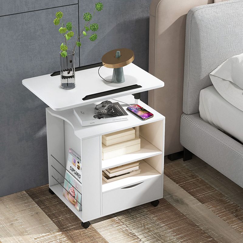 Nightstand Bedside Table Swivel Laptop Tray with Charging Station and LED Lights-White