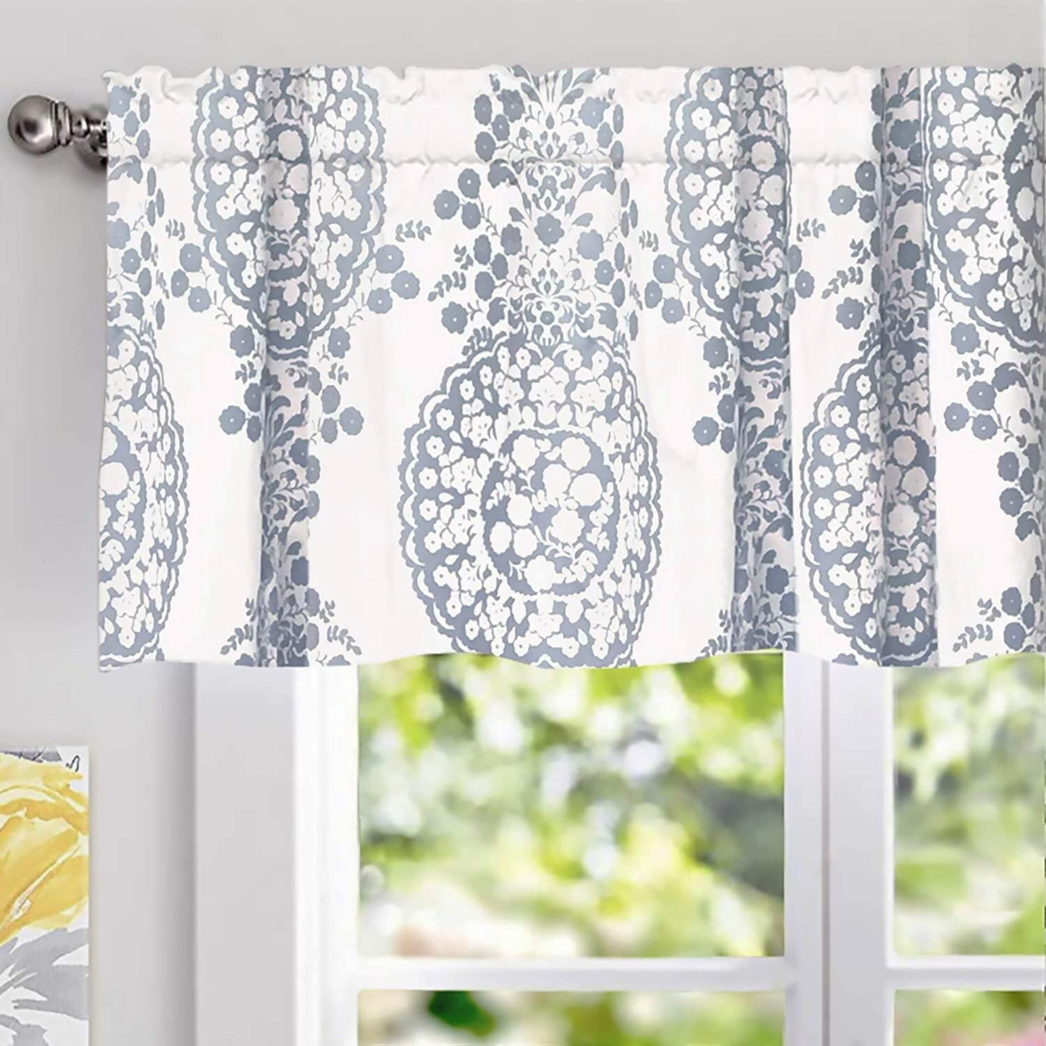 DriftAway Samantha Floral Damask Medallion Pattern Thermal Valance for Kitchen Living Room Single Rod Pocket 52 Inch by 18 Inch Plus 2 Inch Header Dusty Blue