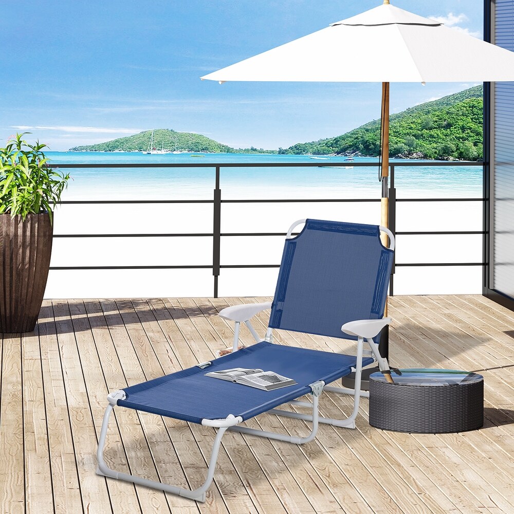 Outsunny Folding Chaise Lounge  Outdoor Sun Tanning Chair  Four Position Reclining Back  Armrests  Iron Frame   Mesh Fabric