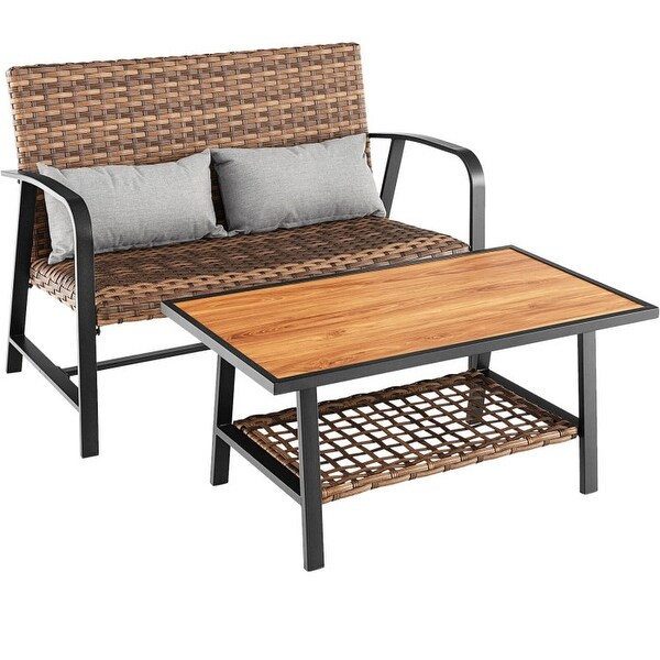 2 Pieces Patio Rattan Coffee Table Set with Shelf