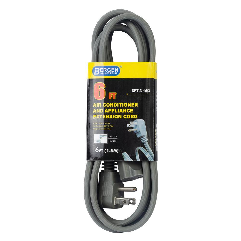 Bergen Industries 6 ft. 143 SPT-3 Wire Air ConditionerMajor Appliance Extension Cord with Right U-Ground Plug Gray BAC615143