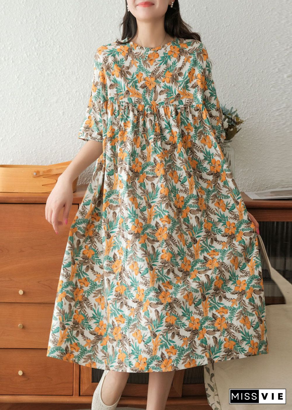 Yellow Print Cotton Vacation Dresses Wrinkled Short Sleeve