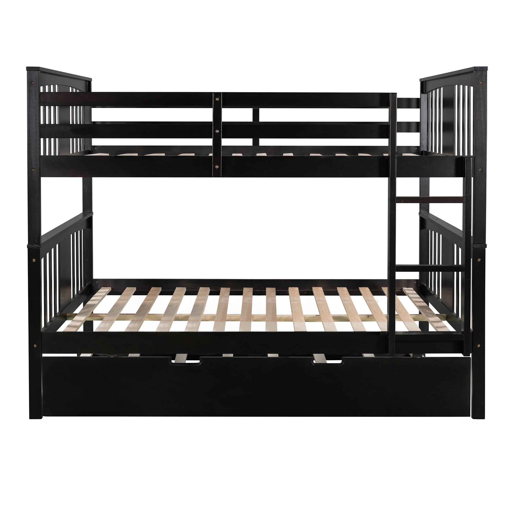 Full Over Full Bunk Bed with Twin Trundle Wood Bunk Bed Frame with Guard Rails and Ladder for Kids Boys Girls Teens Adults, Can be Convertible to 2 Beds,Espresso