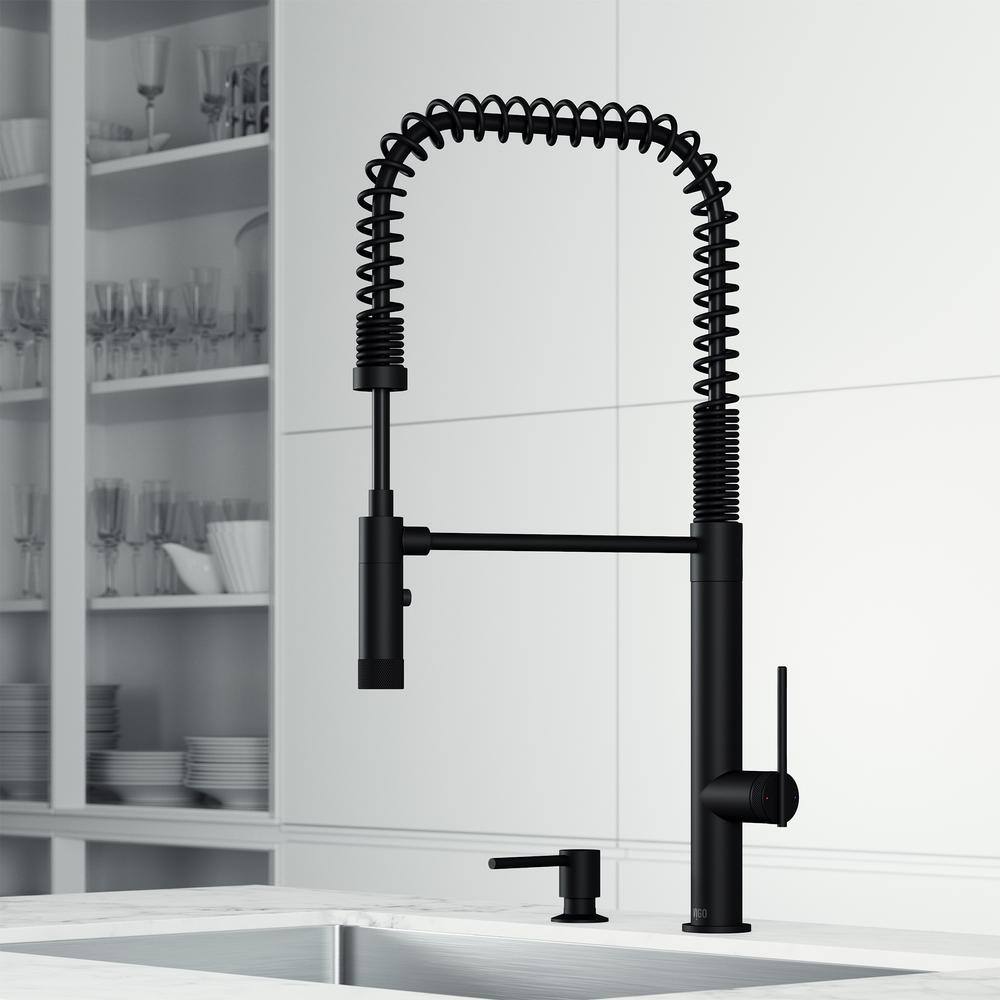 VIGO Sterling Single Handle Pull-Down Sprayer Kitchen Faucet Set with Soap Dispenser in Matte Black VG02037MBK2