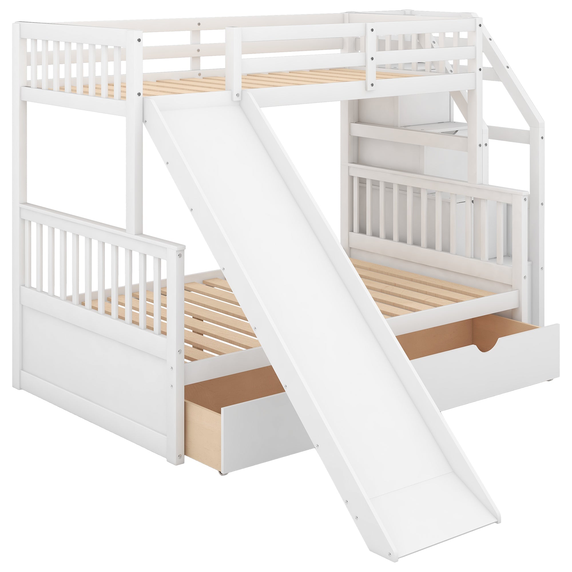 Bellemave Twin Over Full Bunk Bed with Stairs and Slide, Solid Wood Bunk Bed Frame with Storage Drawers for Kids Boys Girls Teens （White)