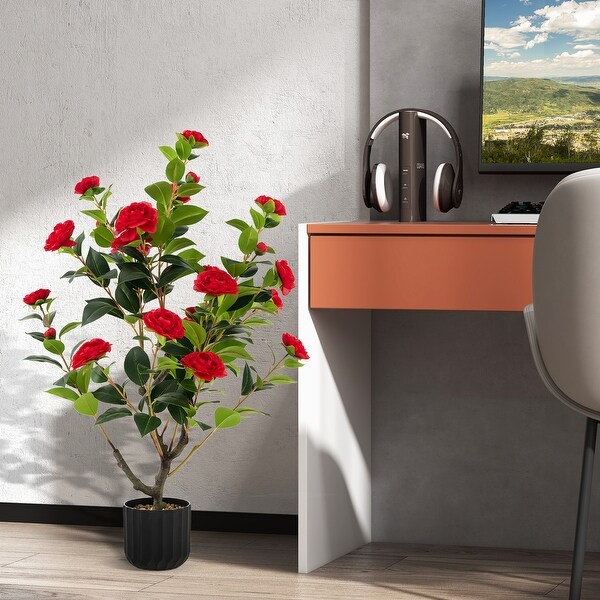 38 Inch Artificial Camellia Tree Faux Flower Plant in Cement Pot