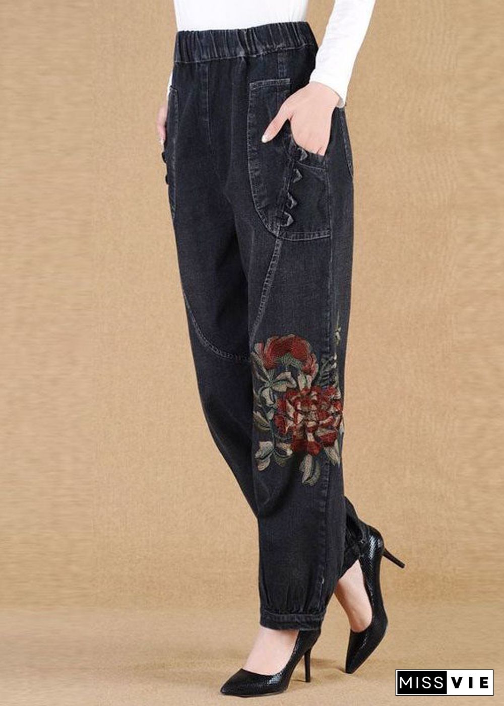 Elegant Black Grey Elastic Waist Embroideried Pockets Cotton Denim Lantern Pants Summer