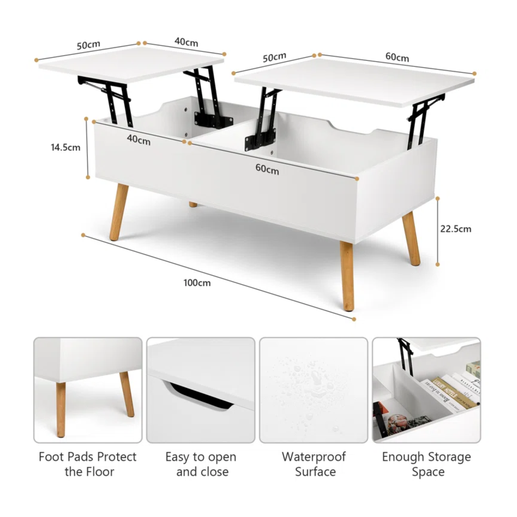 Lift Top Coffee Table with Storage, Double Lift Top Rectangular Storage Coffee Table