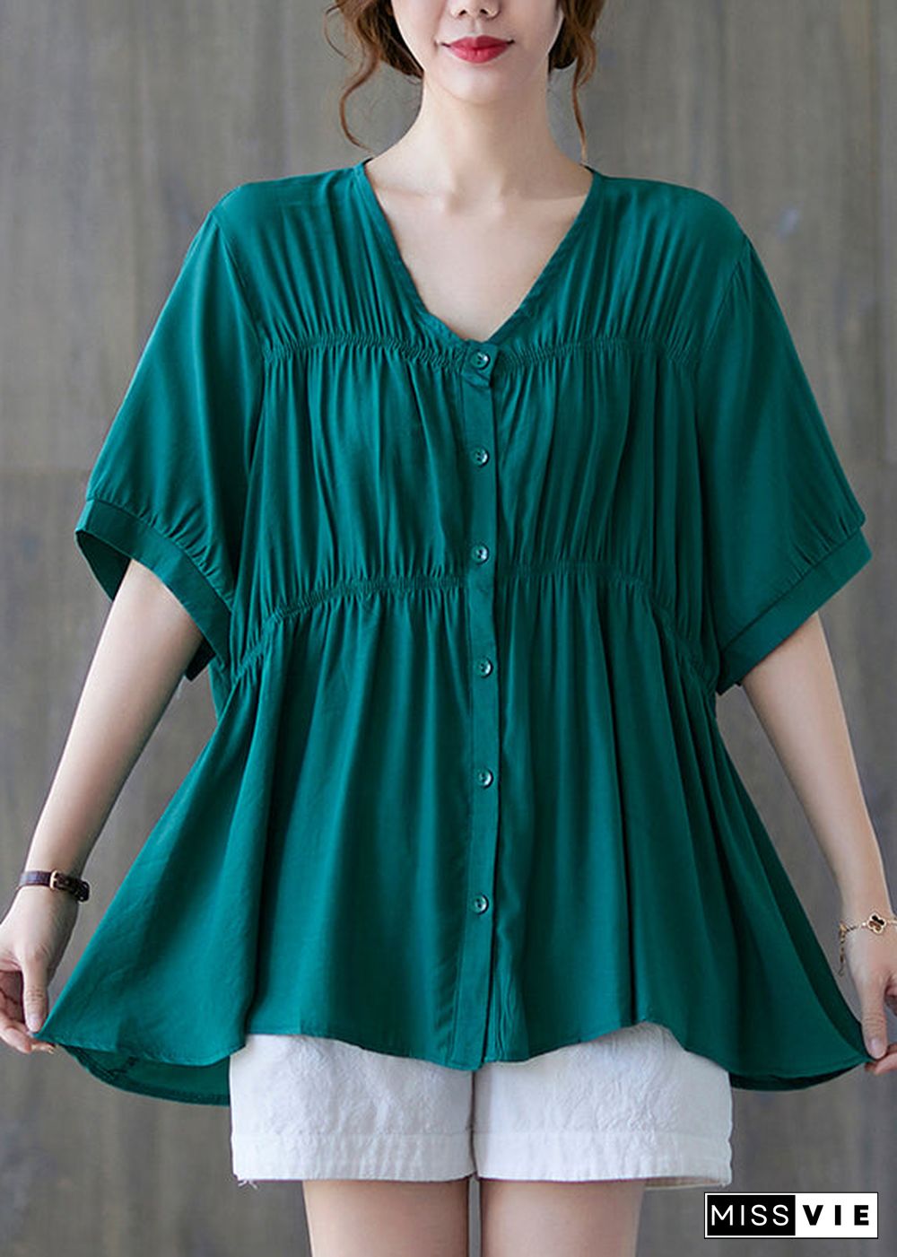 Women Green V Neck Buttton wrinkled Cotton Shirt Tops Short Sleeve