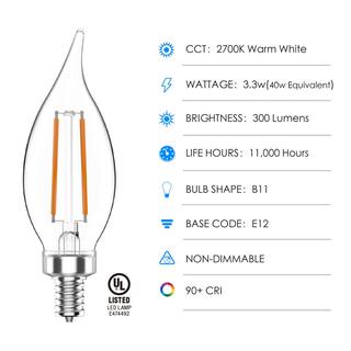 PRIVATE BRAND UNBRANDED 40-Watt Equivalent B11 Non-Dimmable CEC Clear Glass Filament Vintage Edison LED Light Bulb Soft White 2700K (8-Pack) CF352C