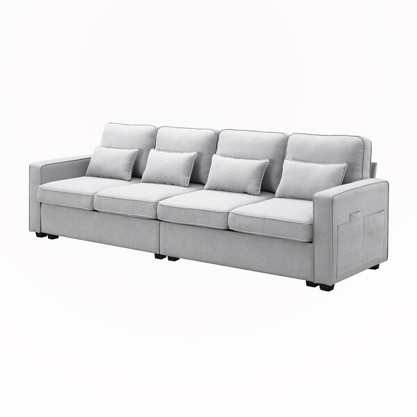 4-Seater Linen Fabric Sofa with Armrest Pockets and 4 Pillows