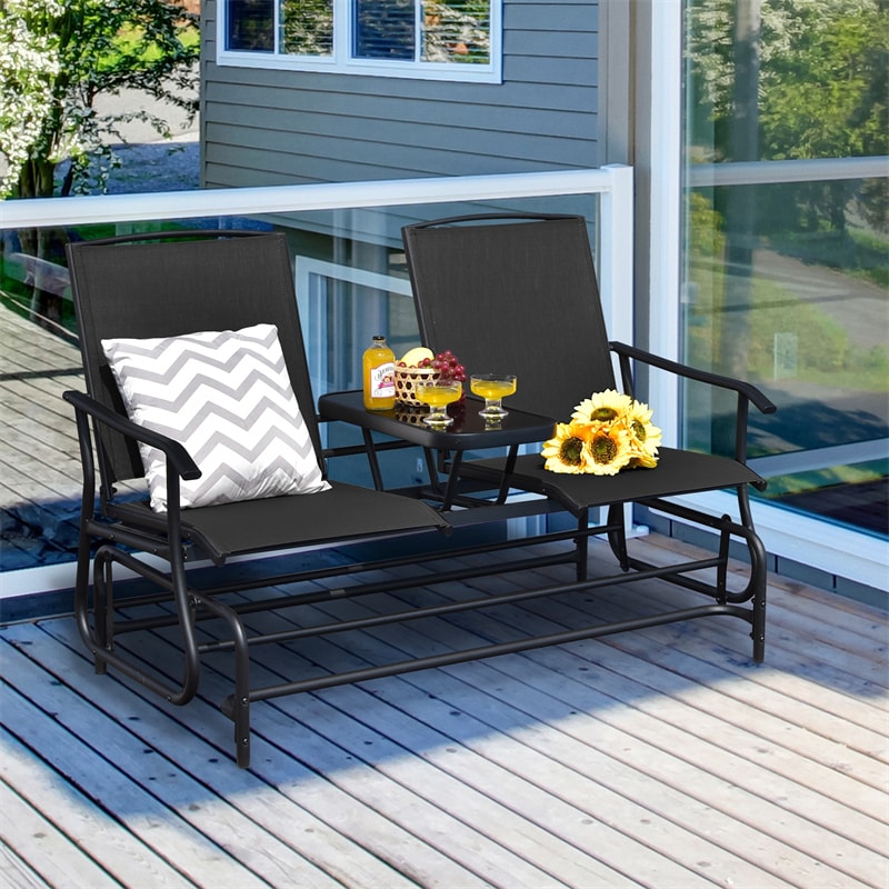 Outdoor 2-Person Rocking Loveseat Patio Bench Glider Chair with Center Tempered Glass Table