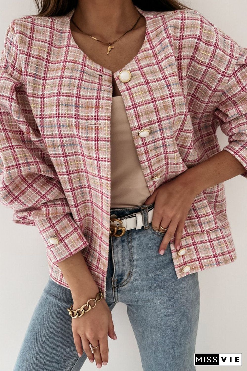 Long Sleeve Plaid Print Short Jacket