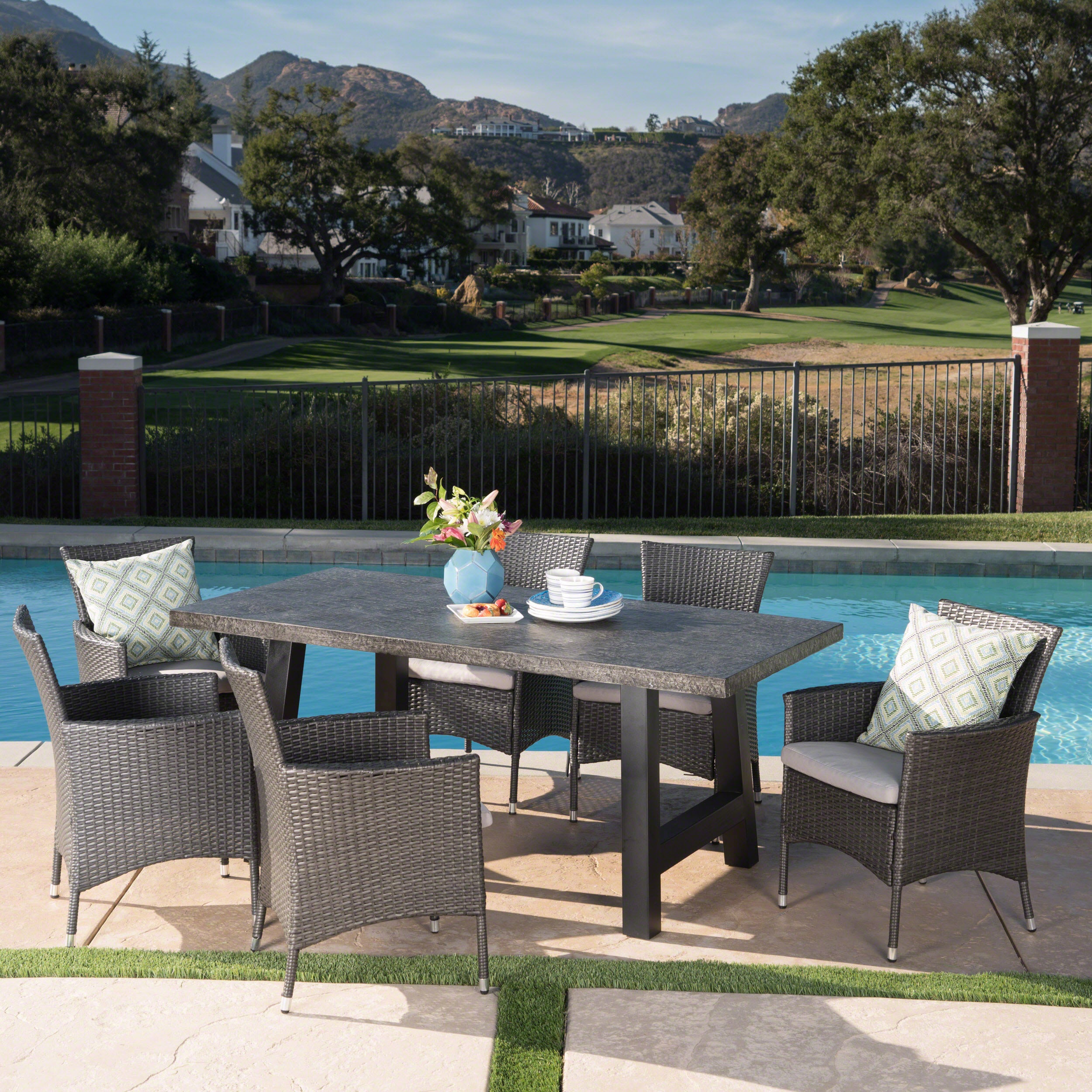 Muriel Outdoor 7 Piece Wicker Dining Set with Light Weight Concrete Dining Table