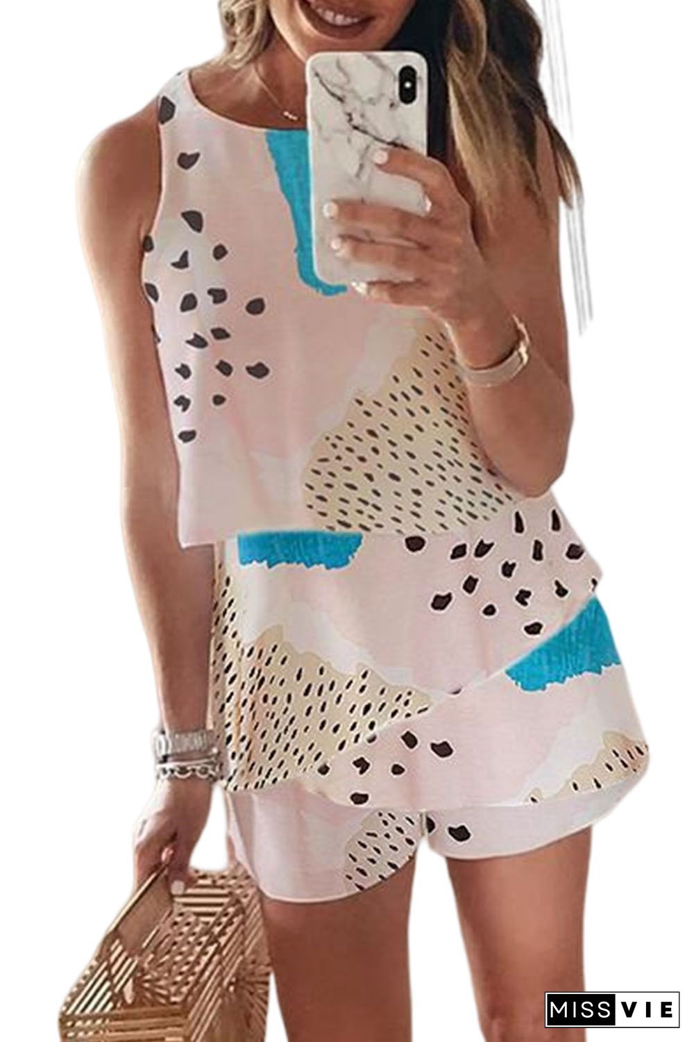 Sky Blue Abstract Print Sleeveless Romper