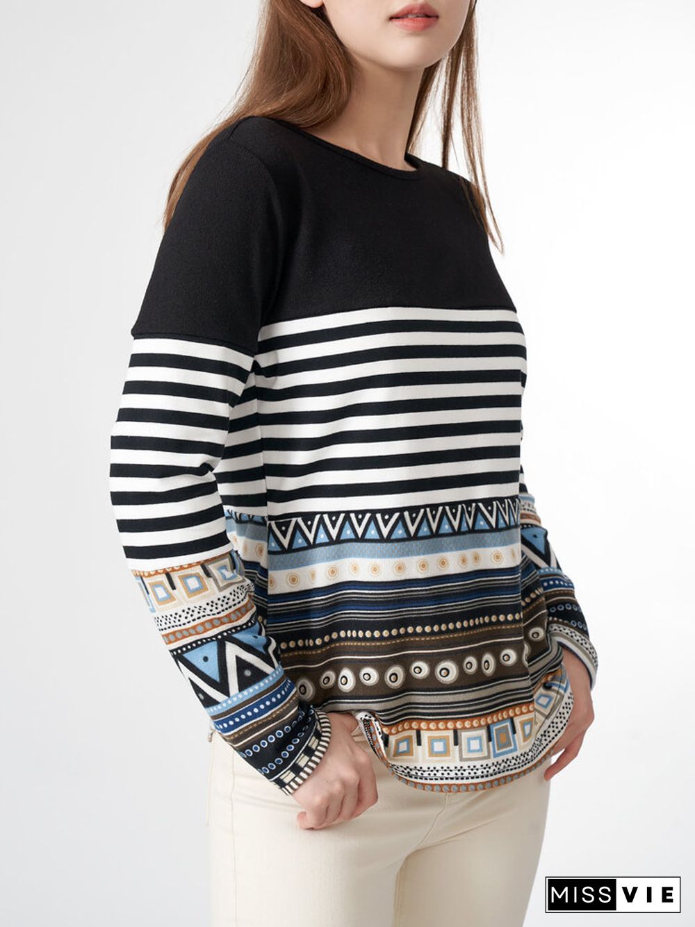 Stripe Tribal Pattern Long Sleeve Crew Neck Casual Sweatshirt