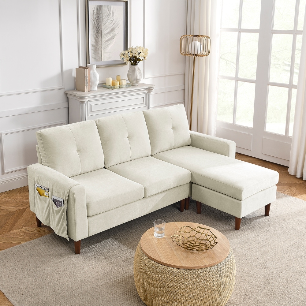 Chenille Convertible Sectional L shape Sofa Couch  3 Seats Sofa with Removable Cushions and Pocket  Rubber Wood Legs