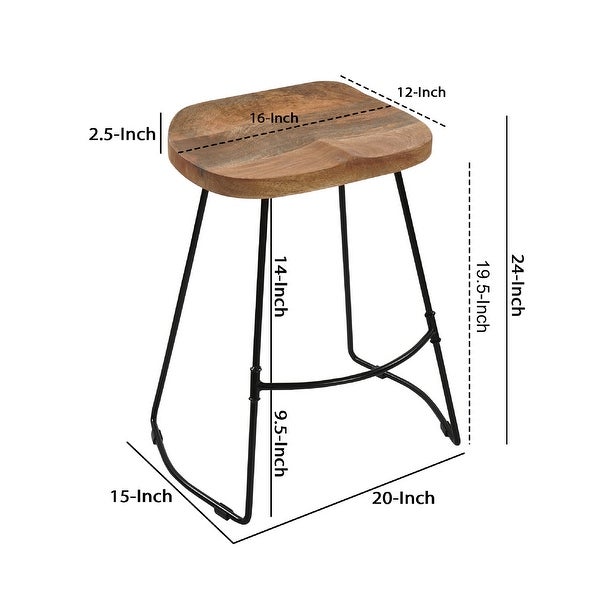 Tiva 24 Inch Handcrafted Backless Counter Height Stool， Brown Mango Wood Saddle Seat， Black Metal Base