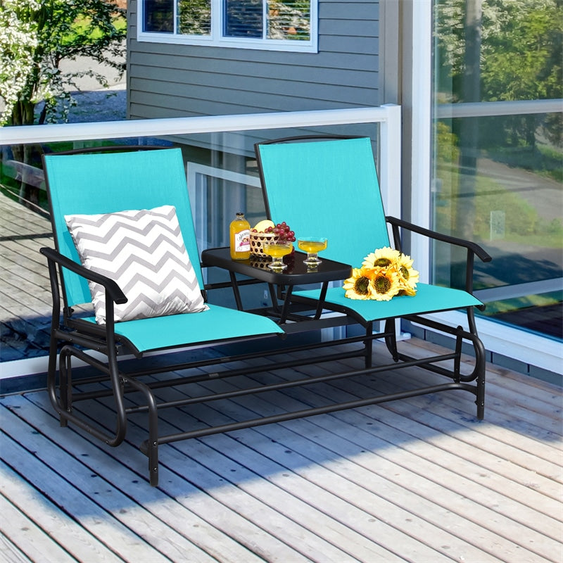 Outdoor 2-Person Rocking Loveseat Patio Bench Glider Chair with Center Tempered Glass Table