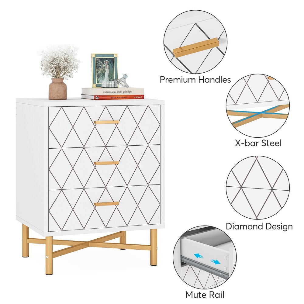 3 Drawer Nightstand Bedside Table with Diamond Design