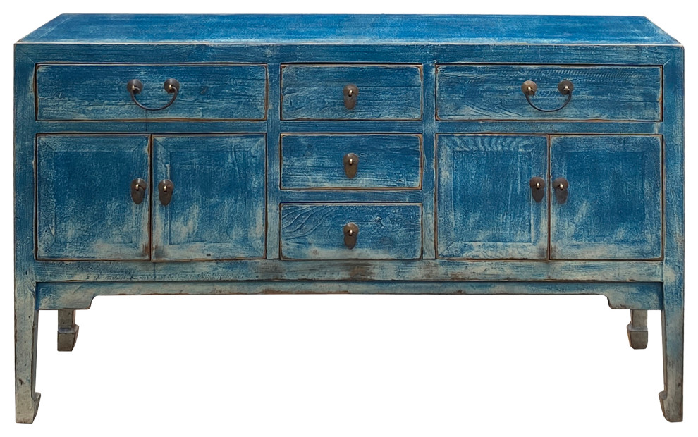 Distressed Teal Sailor Blue Tall Console Table Cabinet Credenza Hcs7479   Farmhouse   Console Tables   by Golden Lotus Antiques  Houzz