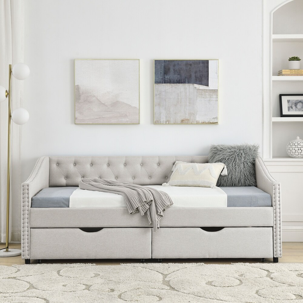 Upholstered Tufted Daybed with Drawers and Copper Nail on Waved Shape Arms