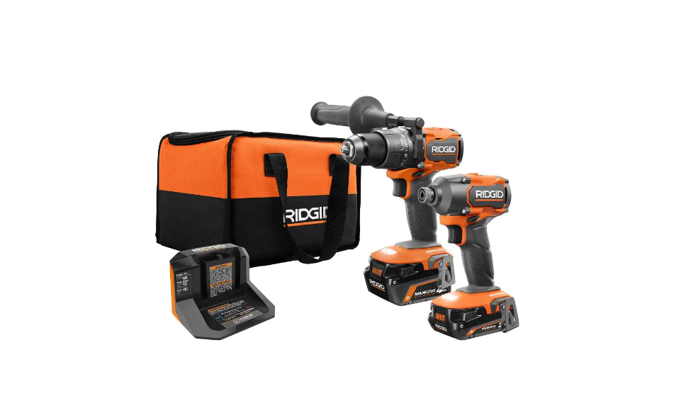 RIDGID R9208 18V Brushless Cordless 2-Tool Combo Kit with Hammer Drill， Impact Driver， (2) Batteries， Charger， and Bag