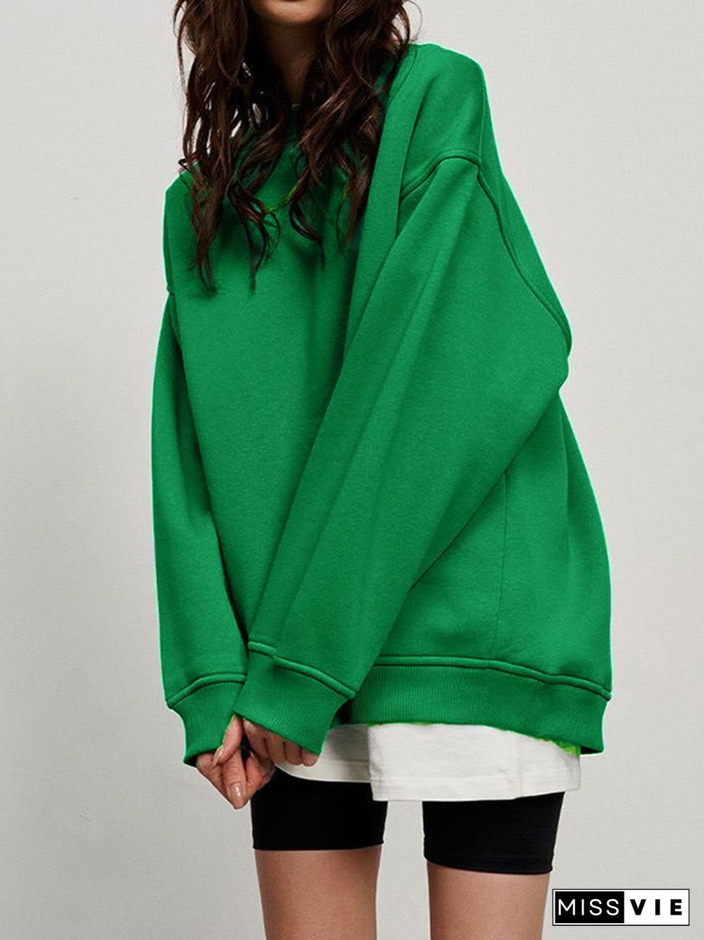 Long Sleeves Loose Solid Color Round-Neck Sweatshirt Tops