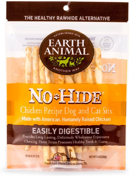 Earth Animal No-Hide Long Lasting Natural Rawhide Alternative Chicken Recipe Stix Chew Dog and Cat Treat Sticks， 10 count