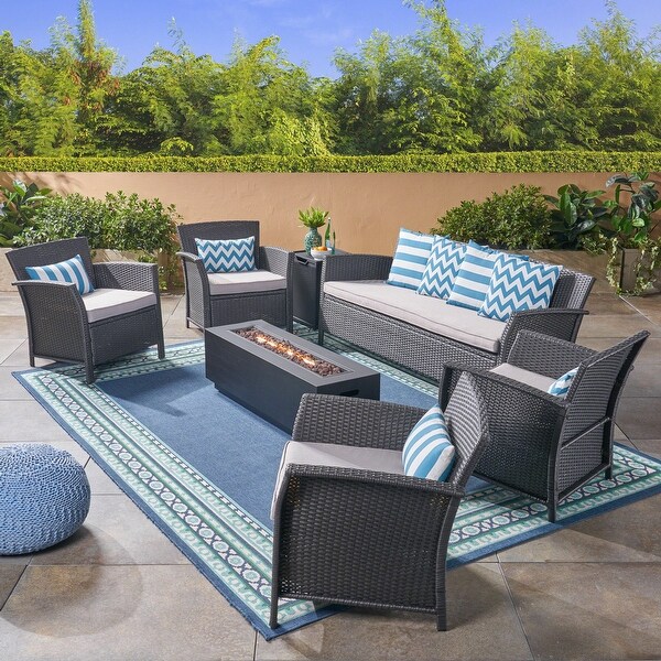 St. Lucia Outdoor 7 Seater Wicker Chat Set with Fire Pit by Christopher Knight Home