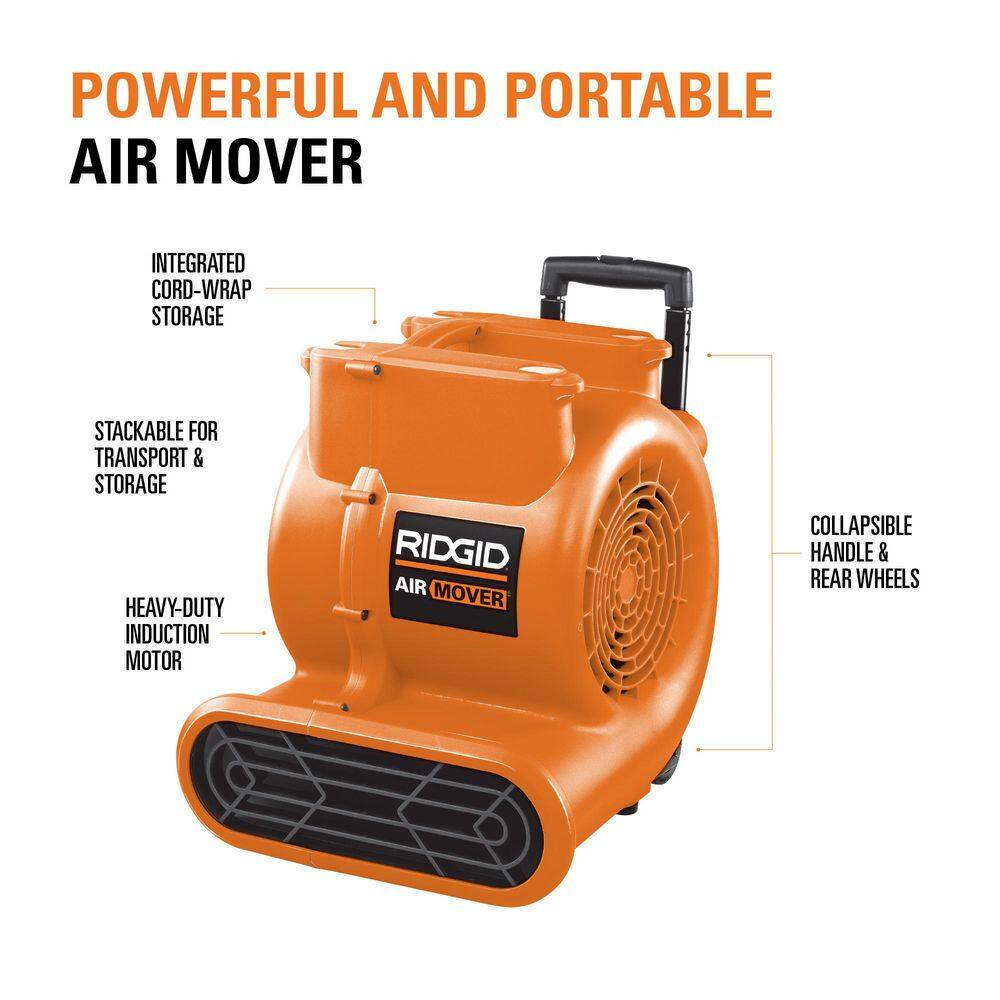 RIDGID 1625 CFM 3-Speed Portable Blower Fan Air Mover with Collapsible Handle and Rear Wheels for Water Damage Restoration AM2560