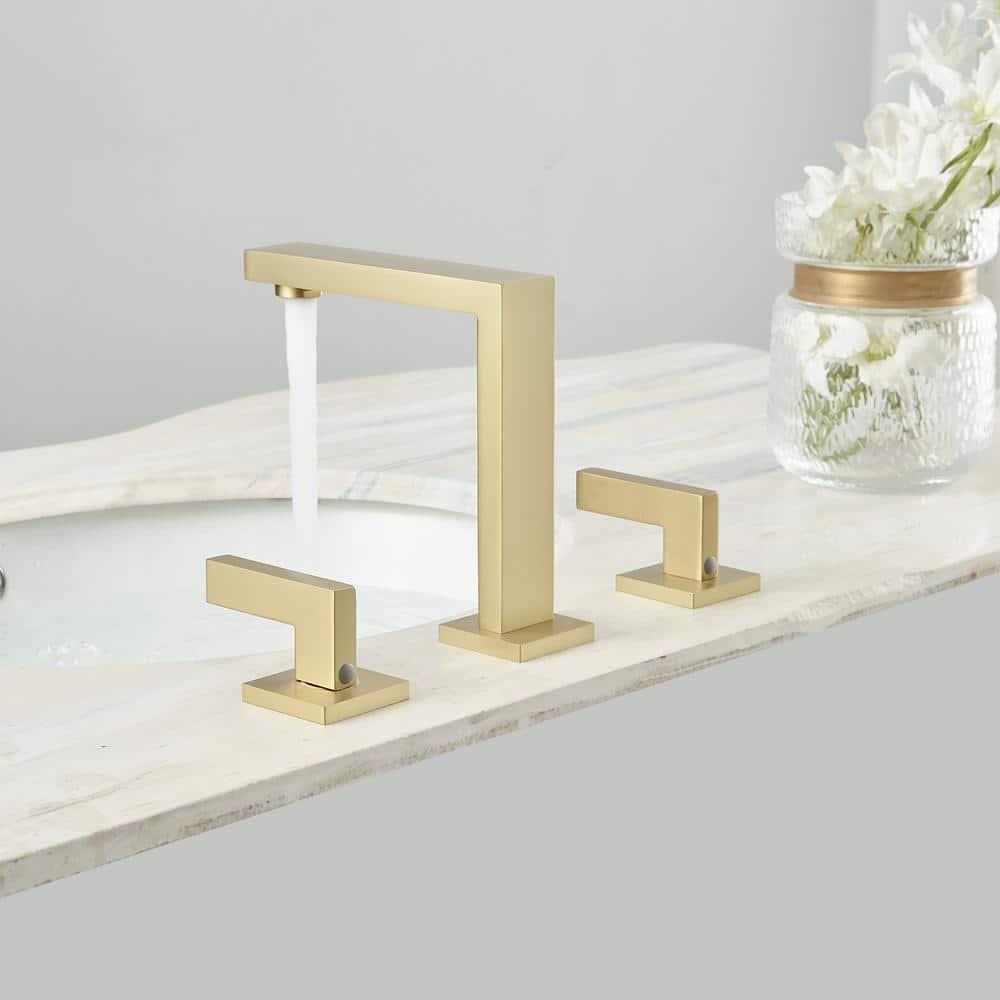 BWE 8 in Widespread Double Handle Bathroom Faucet With Supply Hose in Brushed Gold