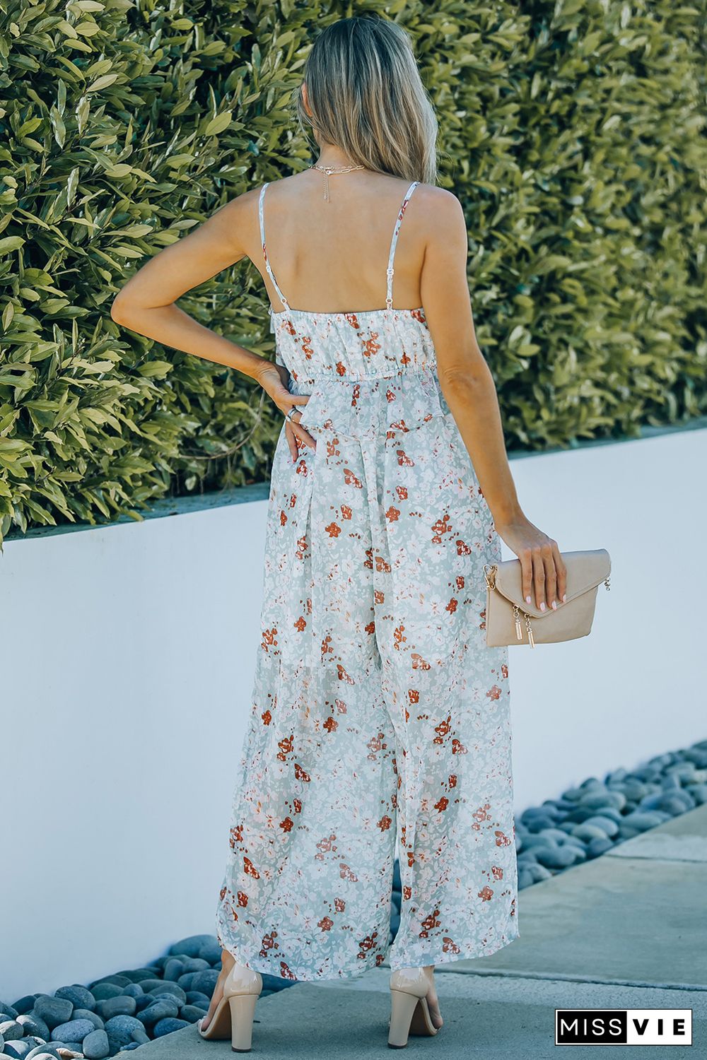 Floral Print Spaghetti Strap Ruffled Wide Leg Jumpsuit