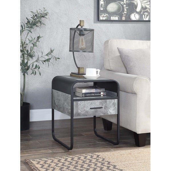 1 Open Shelf and 1 Drawer Square End Table with Metal Frame in Concrete Gray and Black