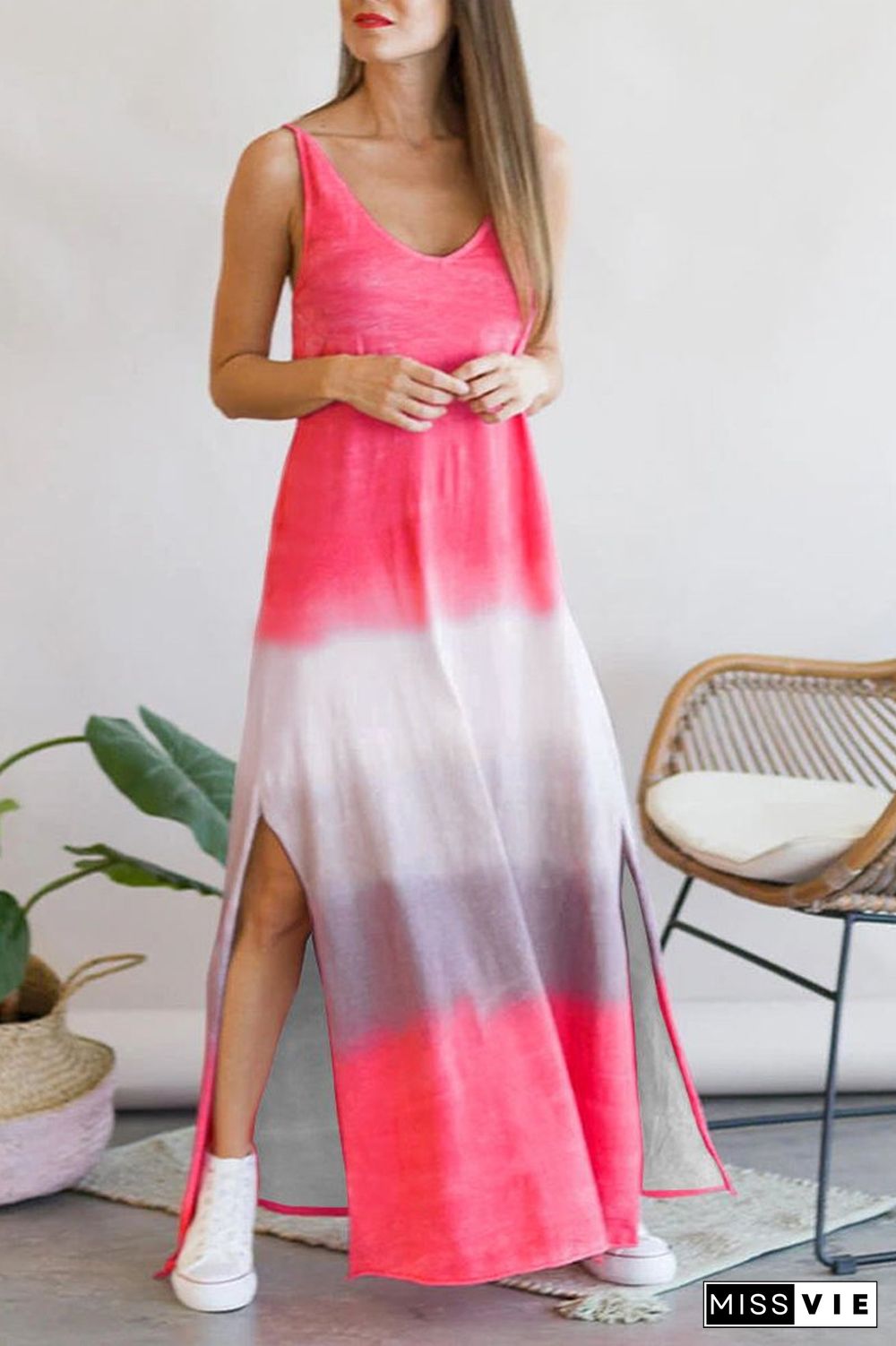 Gradient Color Slit Sleeveless Maxi Dress